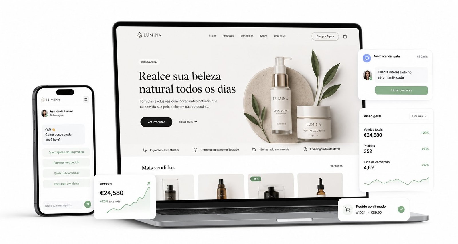Exemplo de site profissional criado pela Schulz Legacy com dashboard de resultados e chatbot
